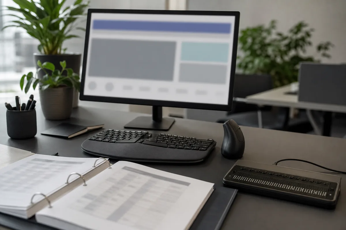 Bureau partagé d’agence web avec écran flouté, plage braille, clavier ergonomique et souris verticale