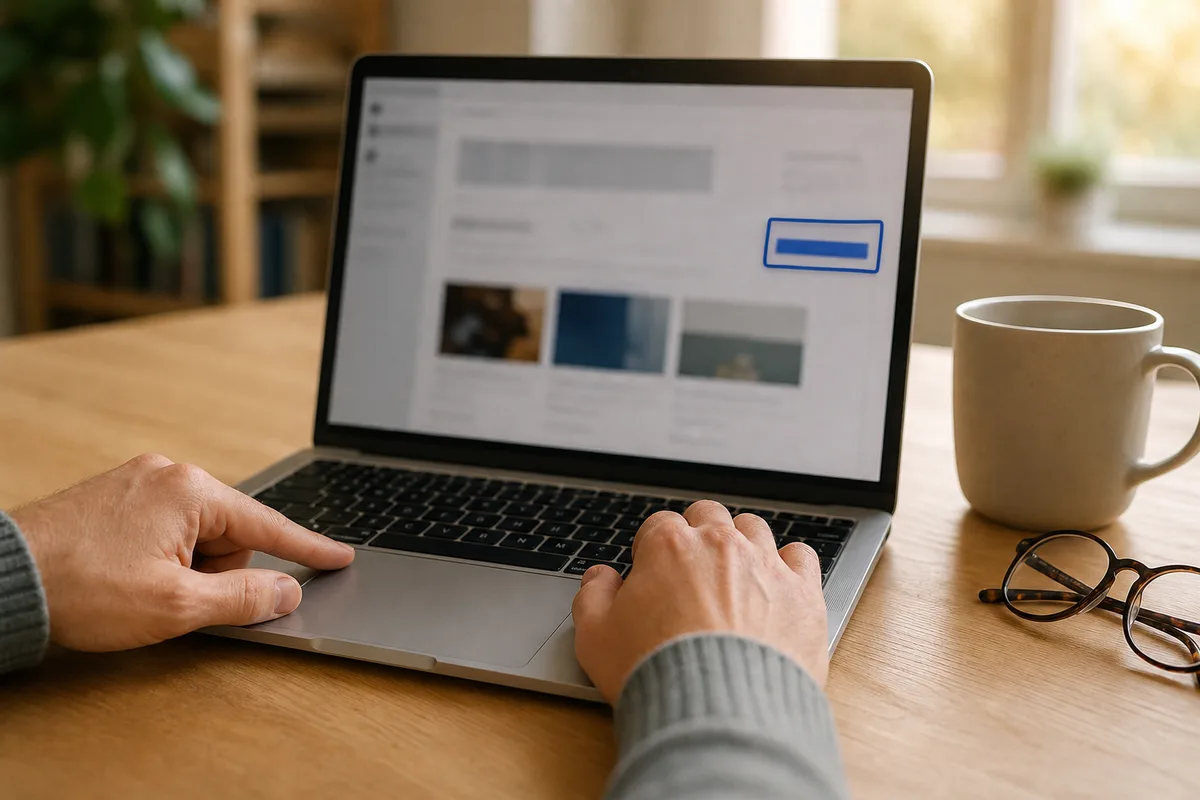 Mains sur un clavier d’ordinateur portable, écran flouté au second plan dans un bureau lumineux