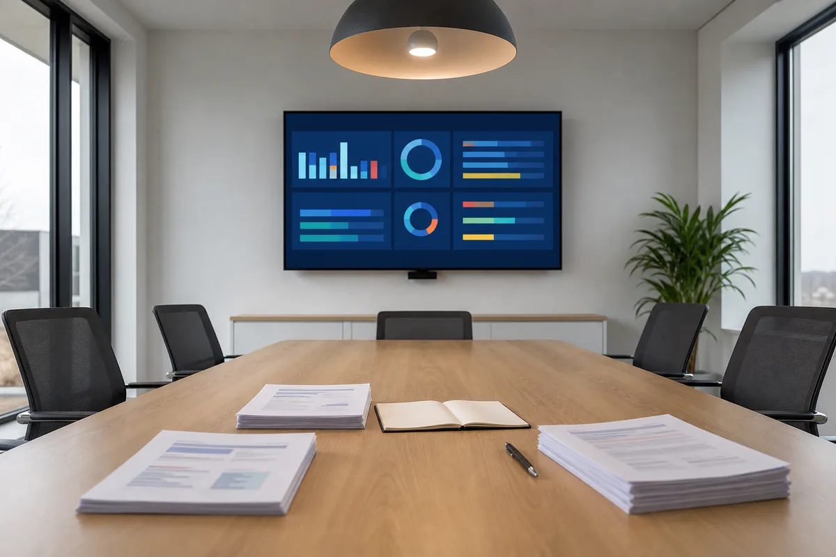Salle de réunion française avec un écran mural affichant un tableau de bord flouté et des documents papier sur la table