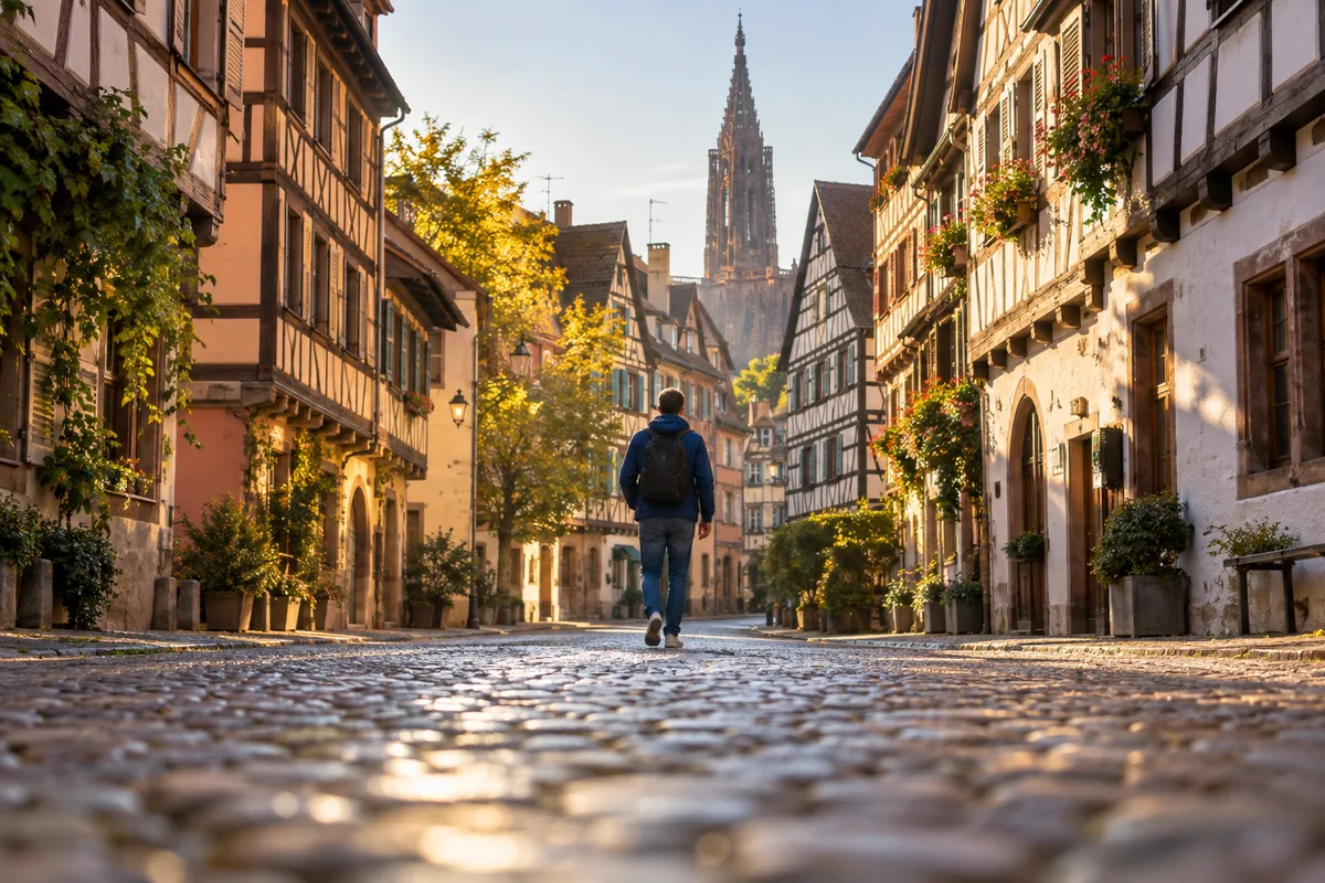 Personne de dos en veste bleue marchant dans une rue pavée de Strasbourg bordée de maisons à colombages