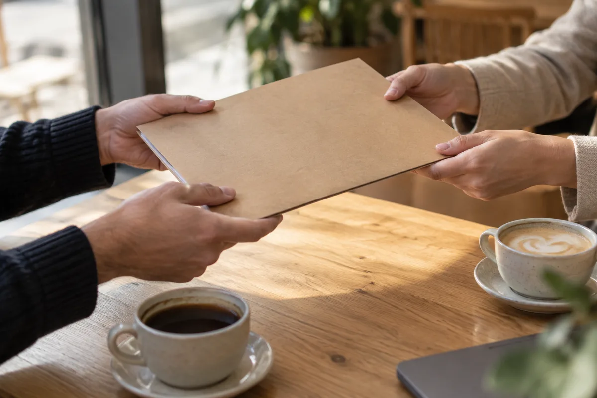 Mains de deux personnes échangeant une chemise cartonnée au-dessus d’une table de café