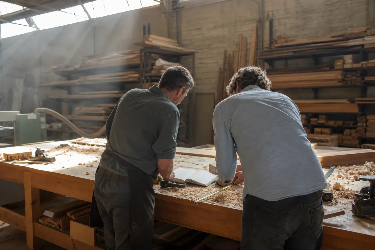 Artisan et prestataire web en réunion de cadrage dans un atelier de menuiserie