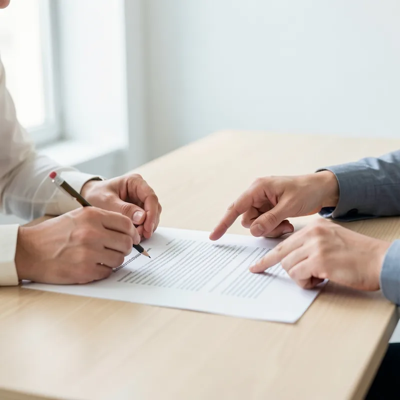 Deux personnes annotent au crayon un document imprimé posé sur une table en bois clair, dans un bureau lumineux