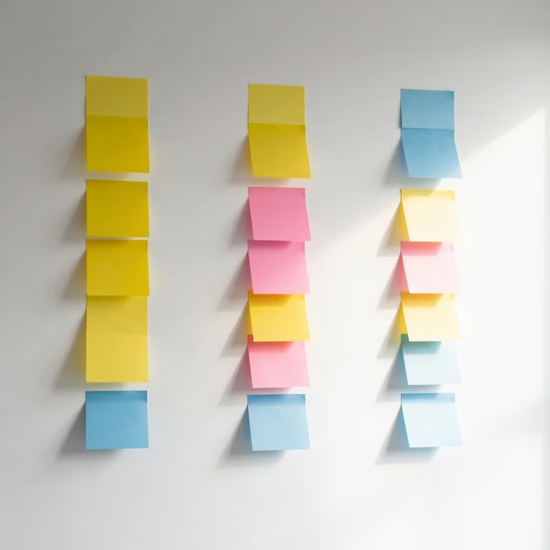Post-it de couleurs alignés en trois colonnes sur un mur blanc, lumière naturelle rasante, aucun texte lisible