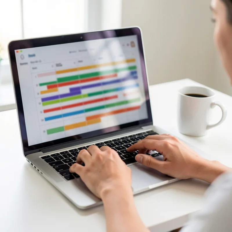 Écran d&rsquo;ordinateur portable affichant un tableau de planning coloré, mains posées sur le clavier, bureau minimaliste