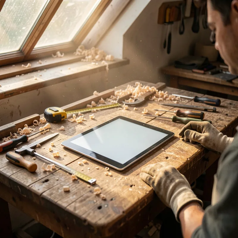 Artisan en atelier consultant une tablette posée sur un établi encombré d&rsquo;outils, lumière chaude de fin de journée