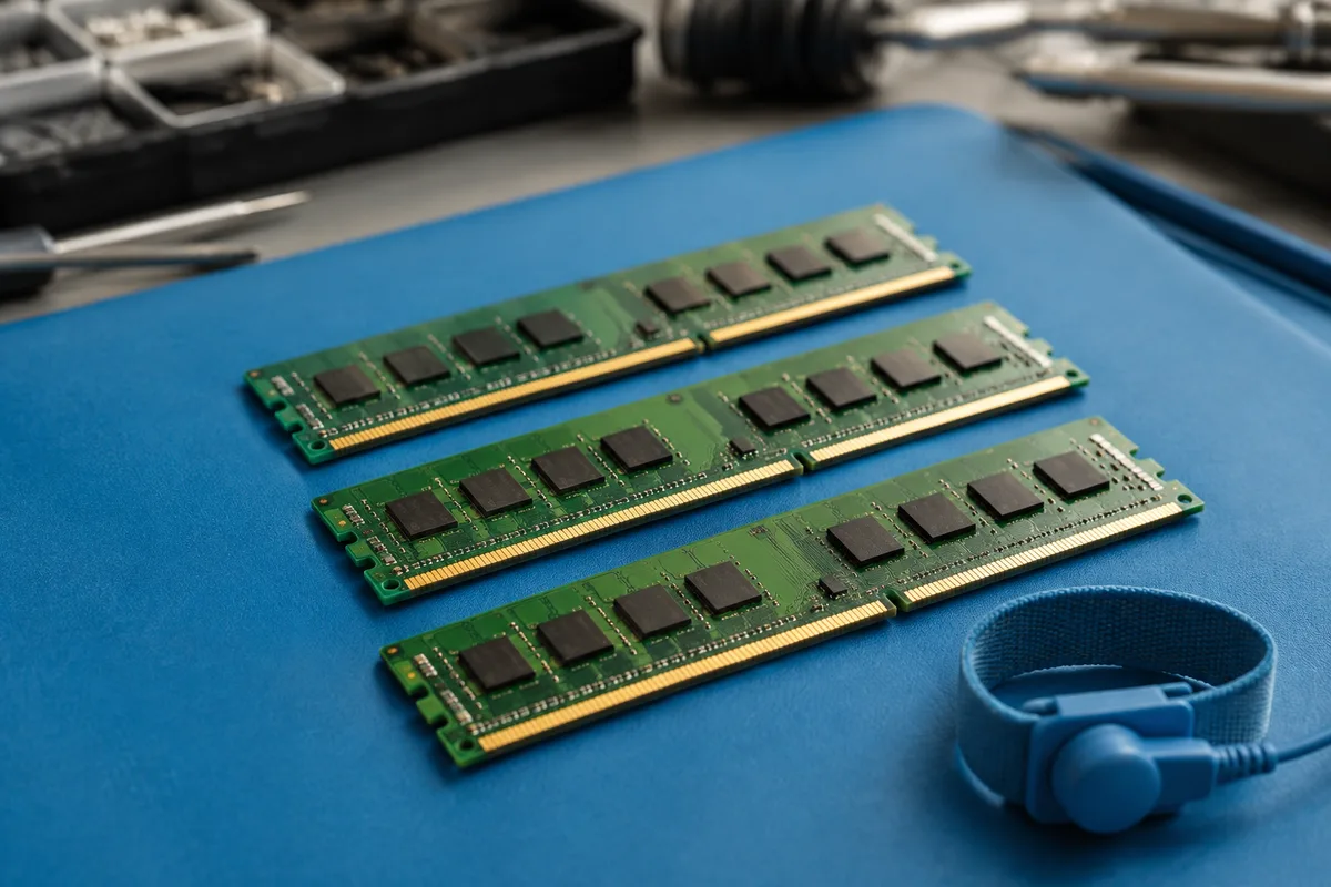 Barrettes de memoire vive alignees sur un tapis antistatique bleu sous une lumiere neutre