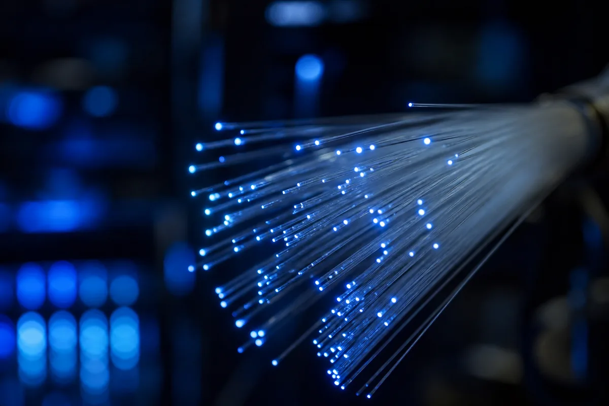 Faisceau de fibres optiques illuminées en gros plan sur fond sombre