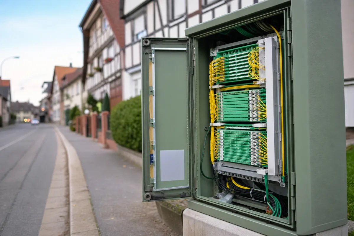Armoire de rue ouverte d&rsquo;un point de mutualisation fibre optique