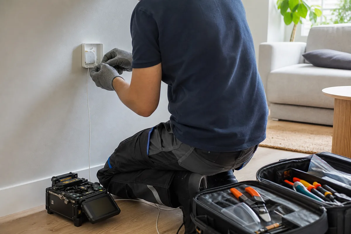 Technicien raccordant une prise terminale optique dans un logement