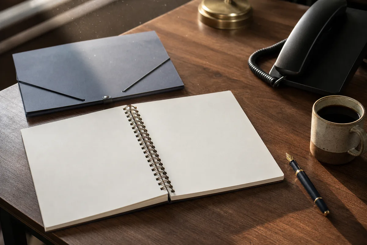 Bureau d&rsquo;un dirigeant de petite entreprise avec carnet de notes et téléphone, lumière de fin d&rsquo;après-midi