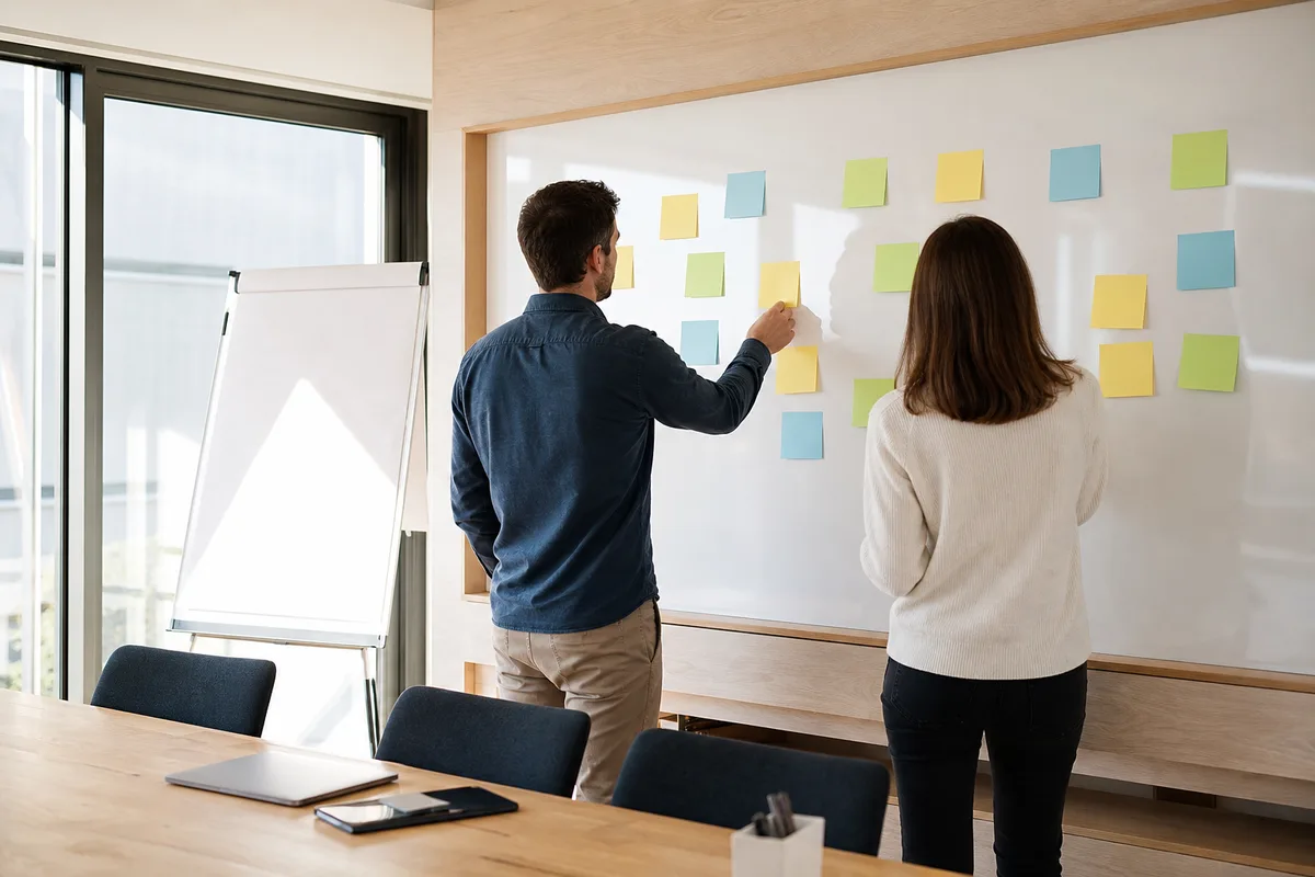 Deux collègues en atelier de travail devant un tableau blanc couvert de pastilles de couleur