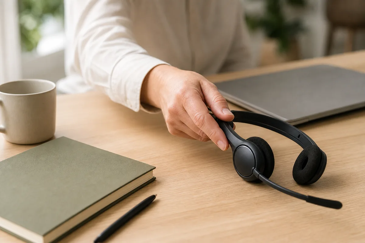 Casque de téléconseiller posé sur un bureau en bois clair à côté d&rsquo;un cahier fermé