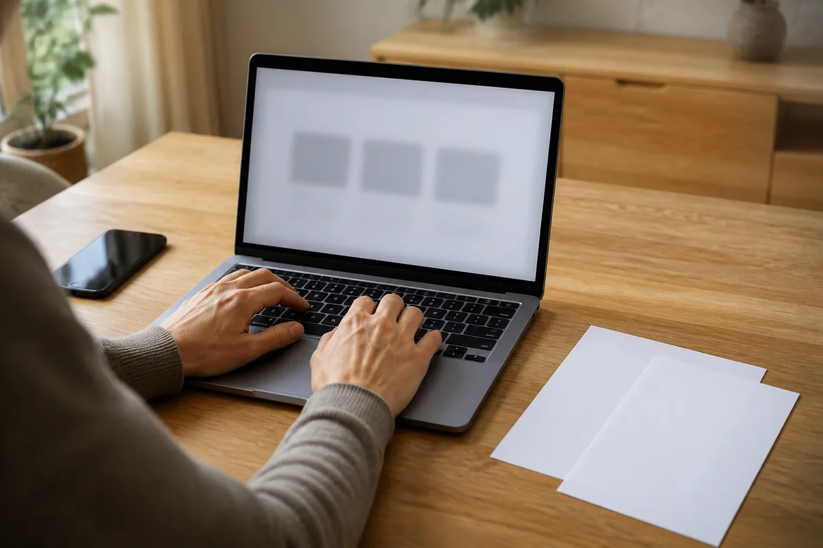Mains d&rsquo;une personne remplissant un court formulaire sur un ordinateur portable posé sur un bureau en bois clair