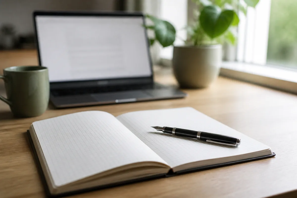 Bureau avec un carnet ouvert, un stylo et un ordinateur portable affichant une page administrative floutée