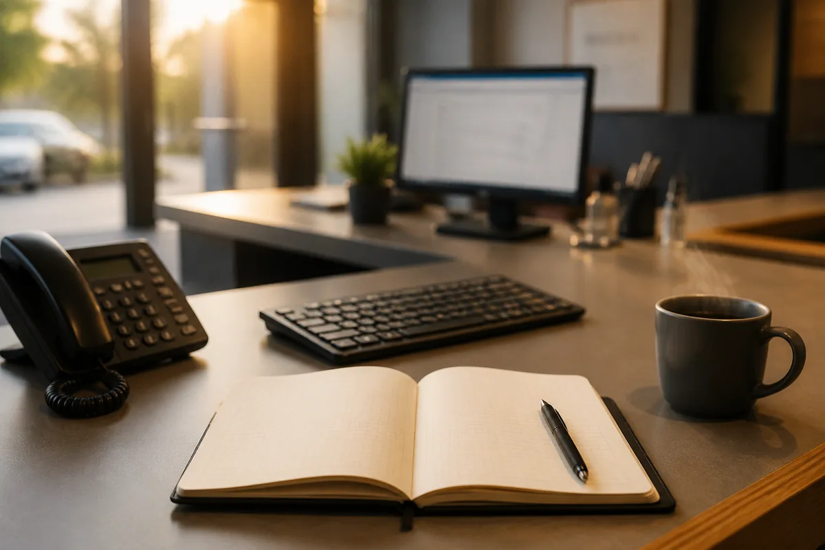 Poste de travail avec un téléphone fixe posé près d&rsquo;un clavier et un carnet de suivi ouvert