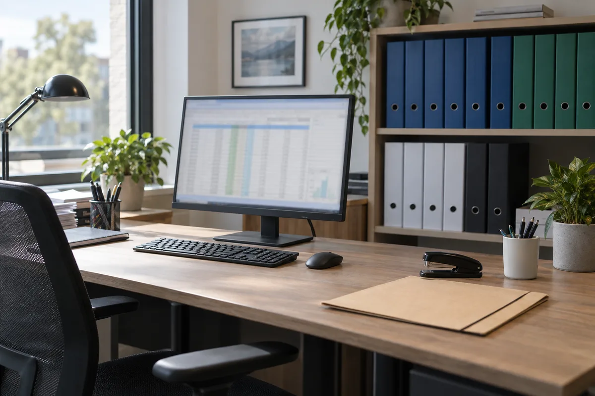 Bureau de comptabilité de PME avec un ordinateur allumé et des classeurs rangés