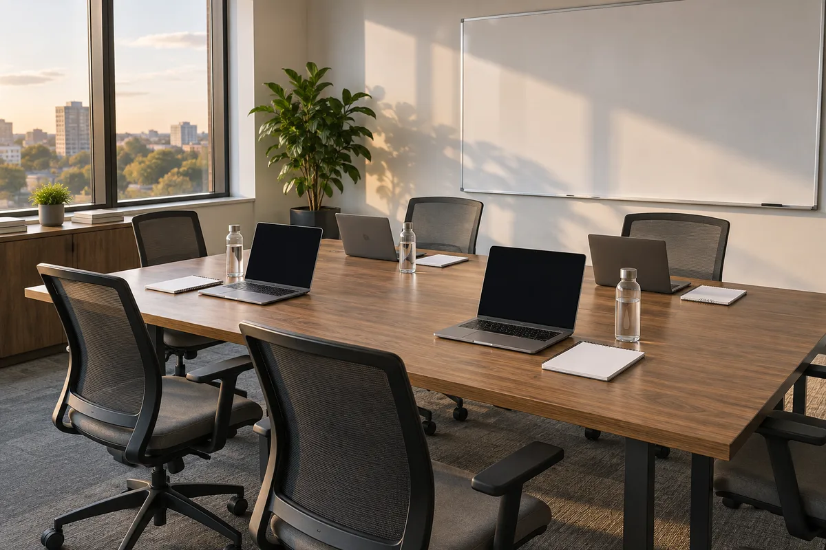 Salle de réunion de PME préparée pour une cellule de crise avec ordinateurs portables ouverts