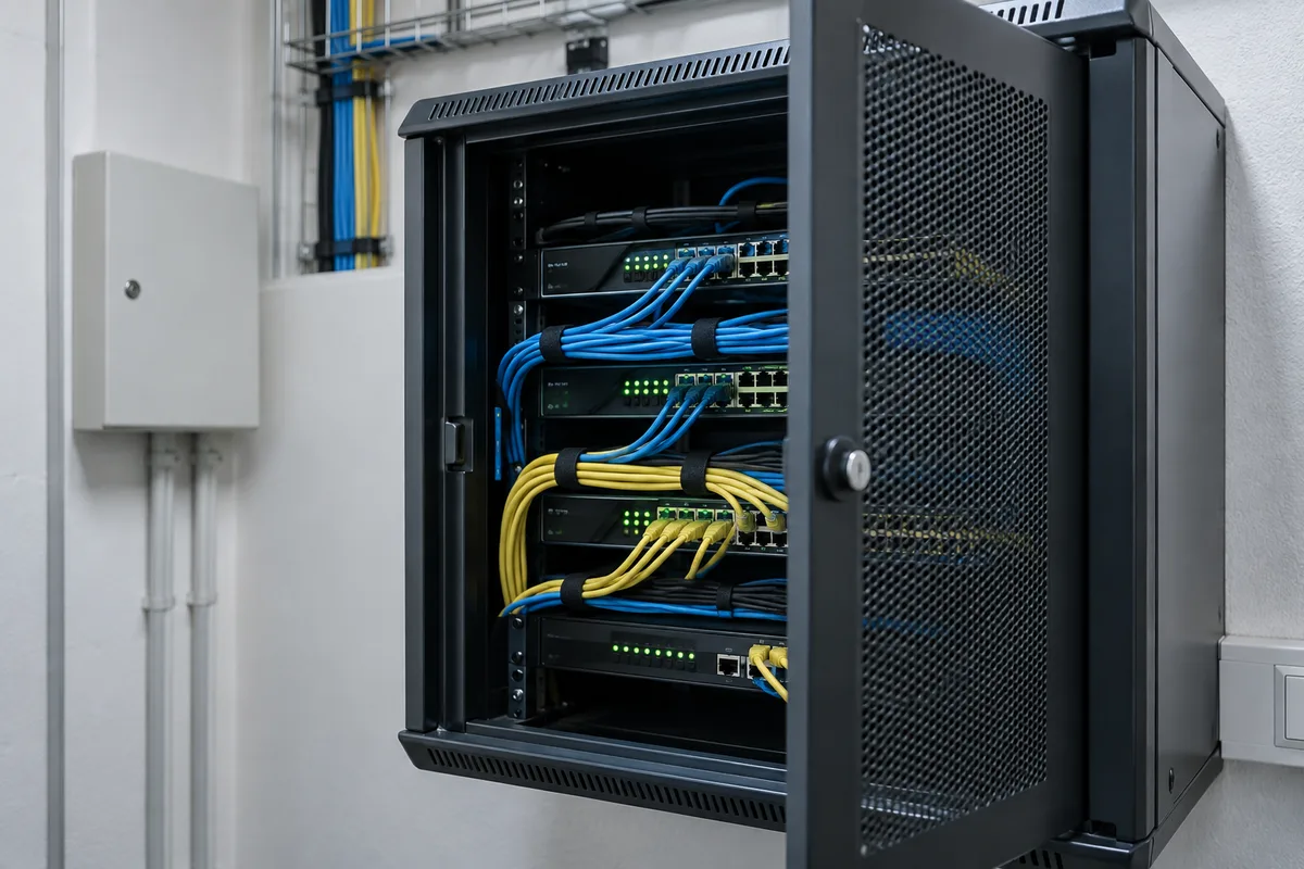 Petite baie informatique de PME aux voyants verts dans un local technique propre