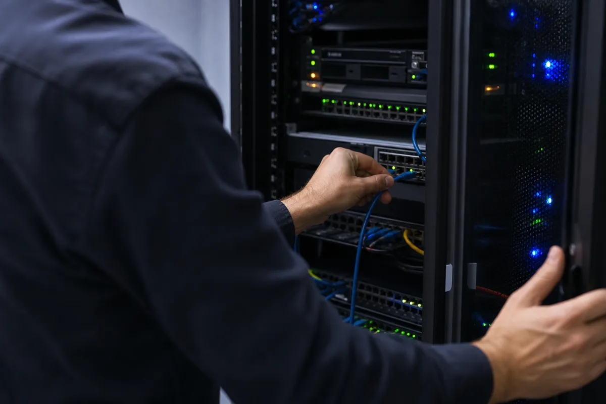 Technicien vérifiant des serveurs en baie dans une petite salle informatique
