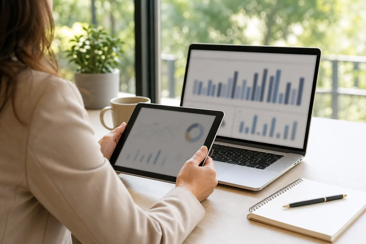 Dirigeante de PME consultant un rapport d&rsquo;activité informatique sur un ordinateur portable