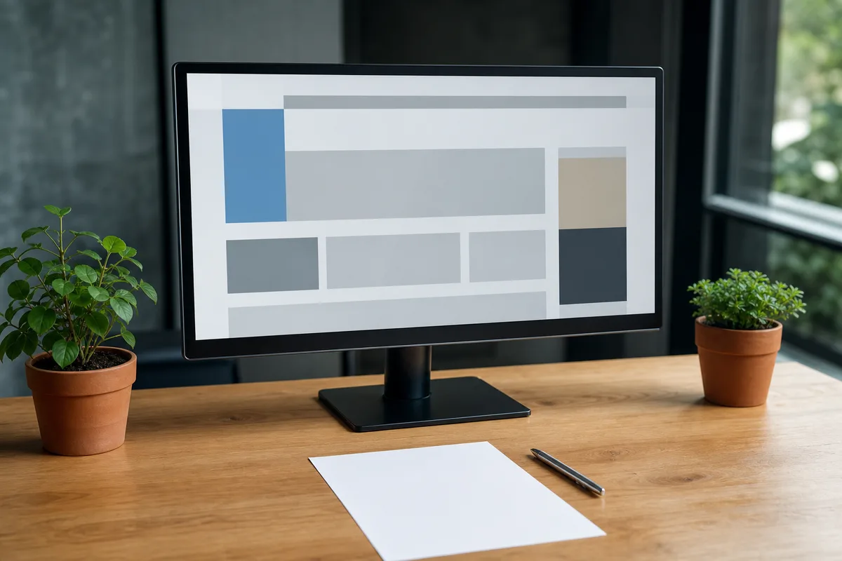 Écran d&rsquo;ordinateur affichant une page web floutée sur un bureau de travail avec plantes vertes