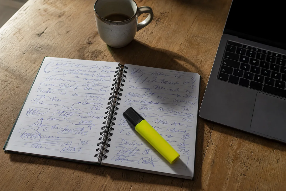 Carnet ouvert couvert d&rsquo;annotations manuscrites illisibles posé près d&rsquo;un ordinateur portable sur une table en bois