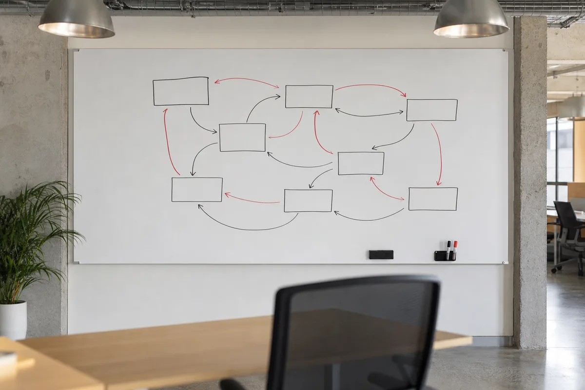 Tableau blanc dans un espace de coworking avec un schéma de flèches reliant des rectangles, sans texte lisible