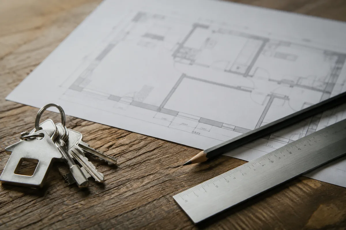 Jeu de cles et plan de logement imprime poses sur un bureau en bois clair
