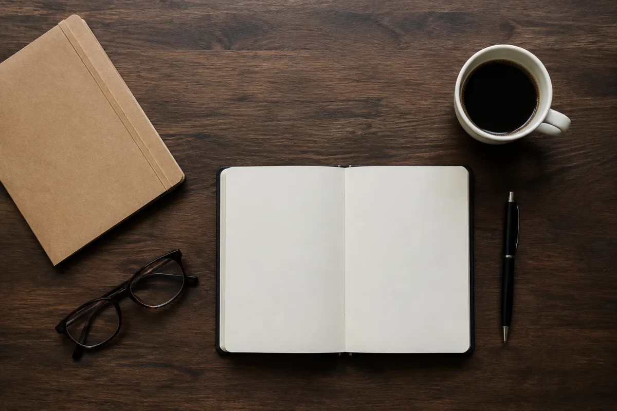 Carnet ouvert stylo et tasse de cafe sur une table de reunion vue de dessus
