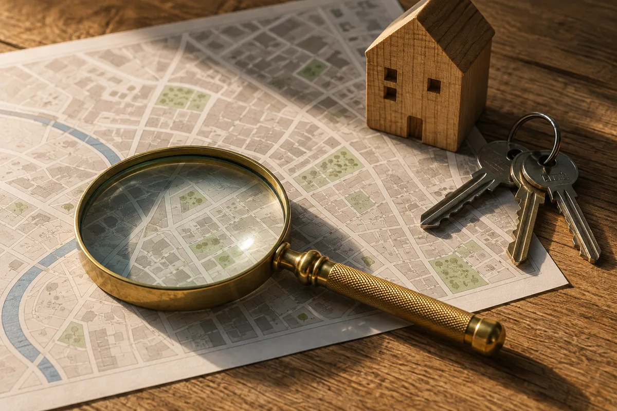 Loupe posee sur un plan de quartier imprime a cote d un trousseau de cles