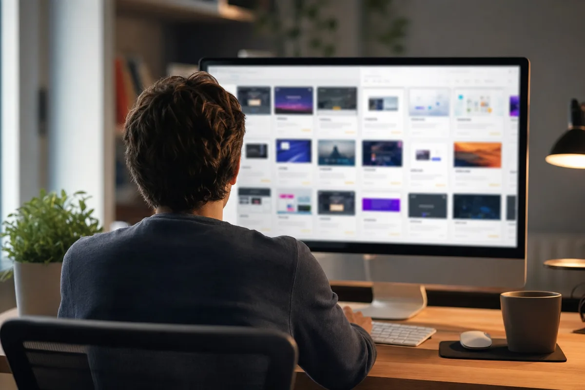 Personne vue de dos travaillant sur une interface de sélection de sites web affichée sur un grand écran