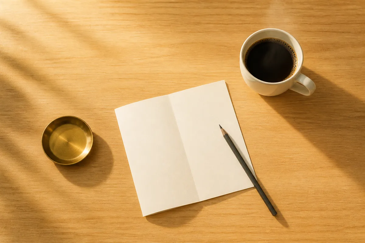 Plan de travail avec une tasse de café et une feuille de papier uni sous une lumière matinale
