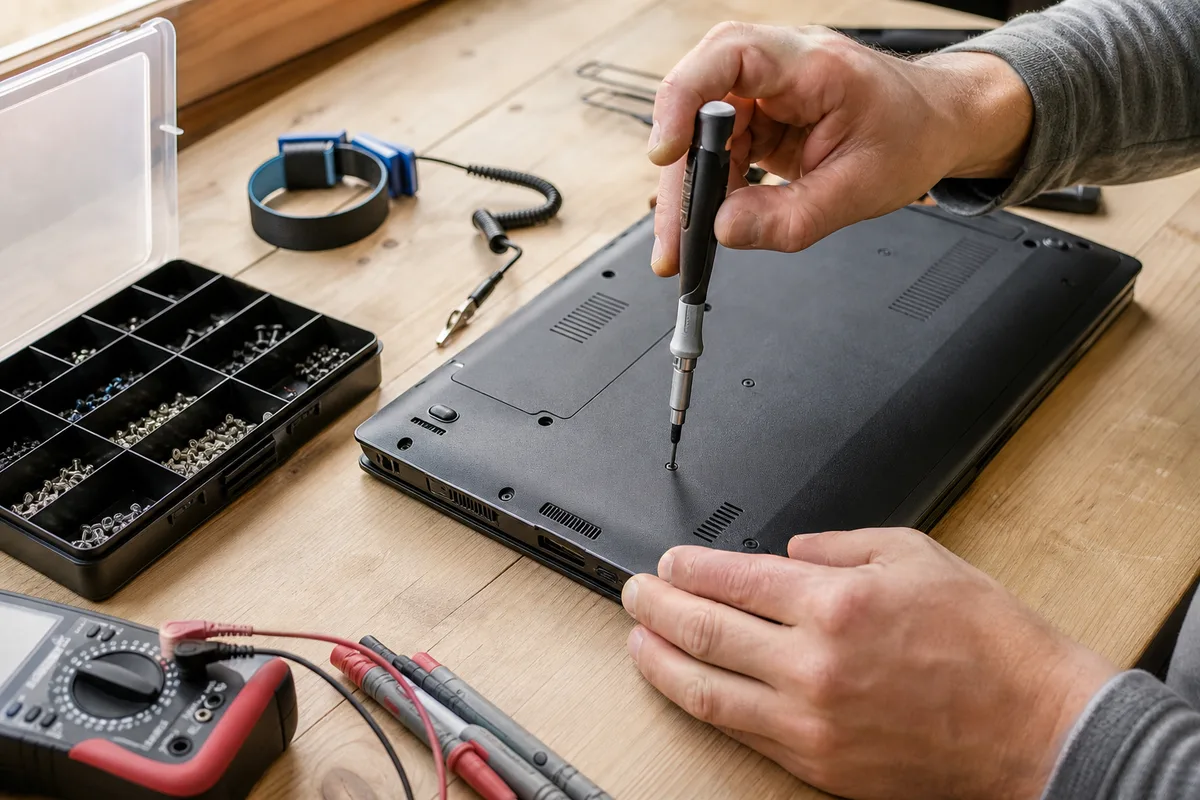Mains d’un technicien démontant un PC portable sur un plan de travail d’atelier