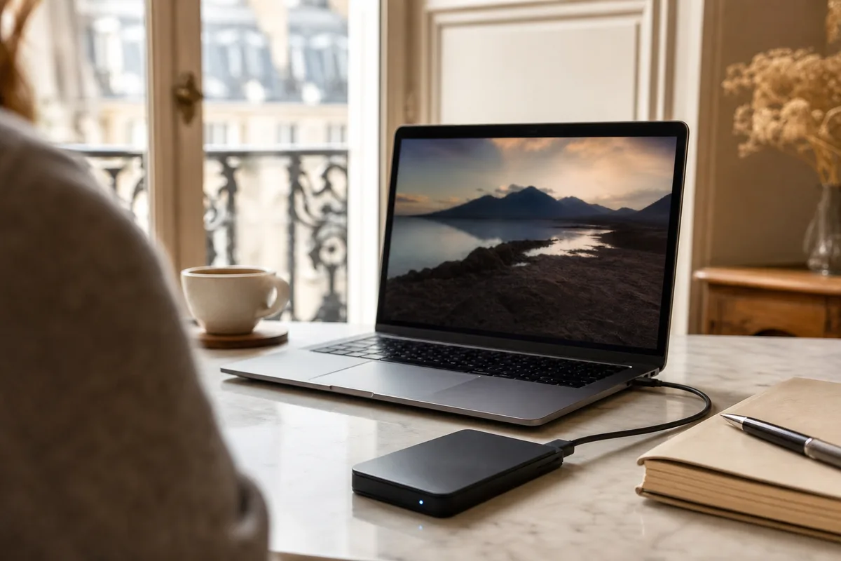 Sauvegarde d’un ordinateur portable vers un disque dur externe sur un bureau lumineux