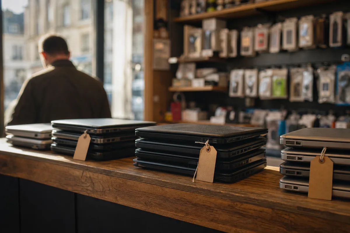 Comptoir d’un atelier de réparation informatique avec ordinateurs portables étiquetés en attente