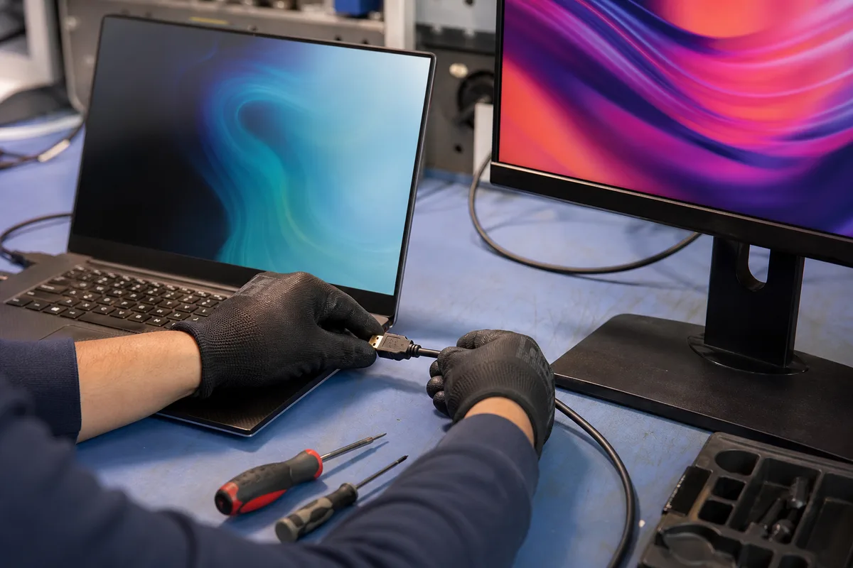 Technicien testant un écran de PC portable avec un moniteur externe branché en HDMI