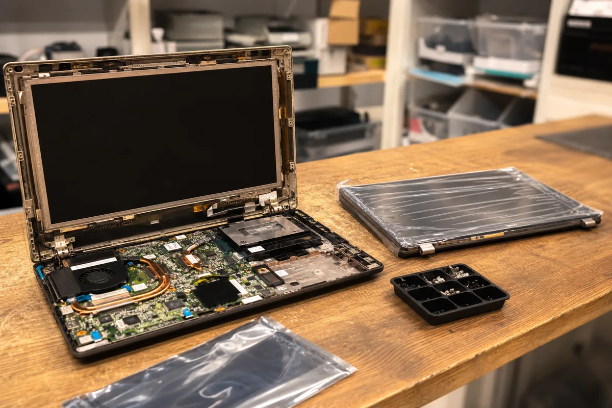 Comptoir d&rsquo;un atelier de réparation informatique avec un PC portable ouvert et une dalle neuve posée à côté