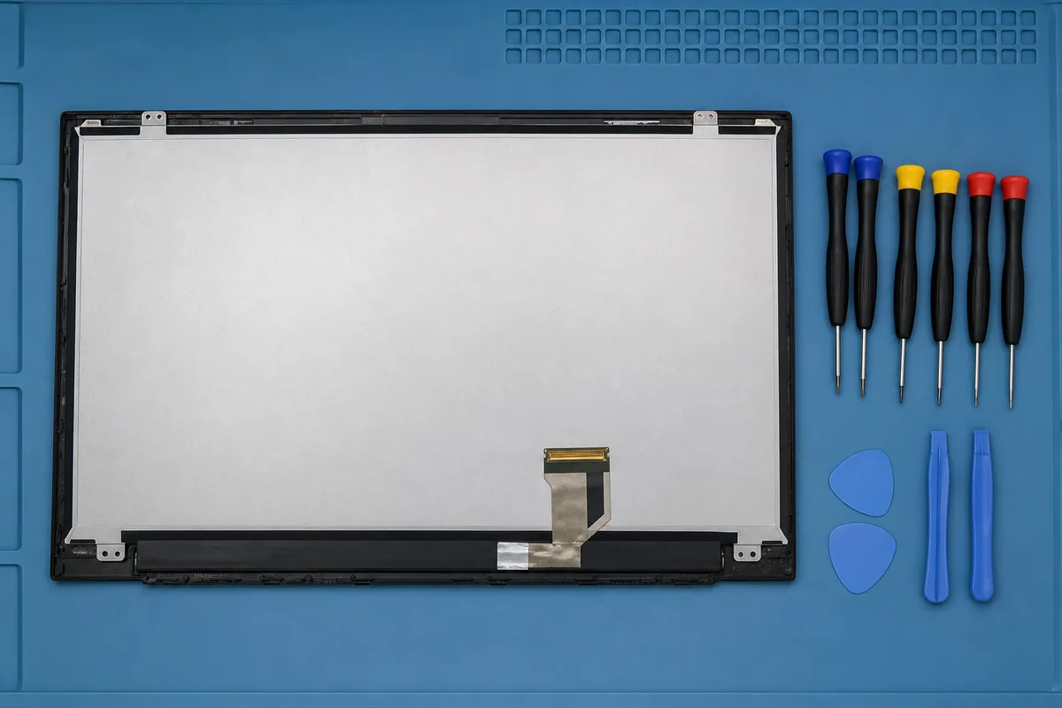 Dalle de PC portable démontée posée sur un tapis antistatique avec tournevis de précision