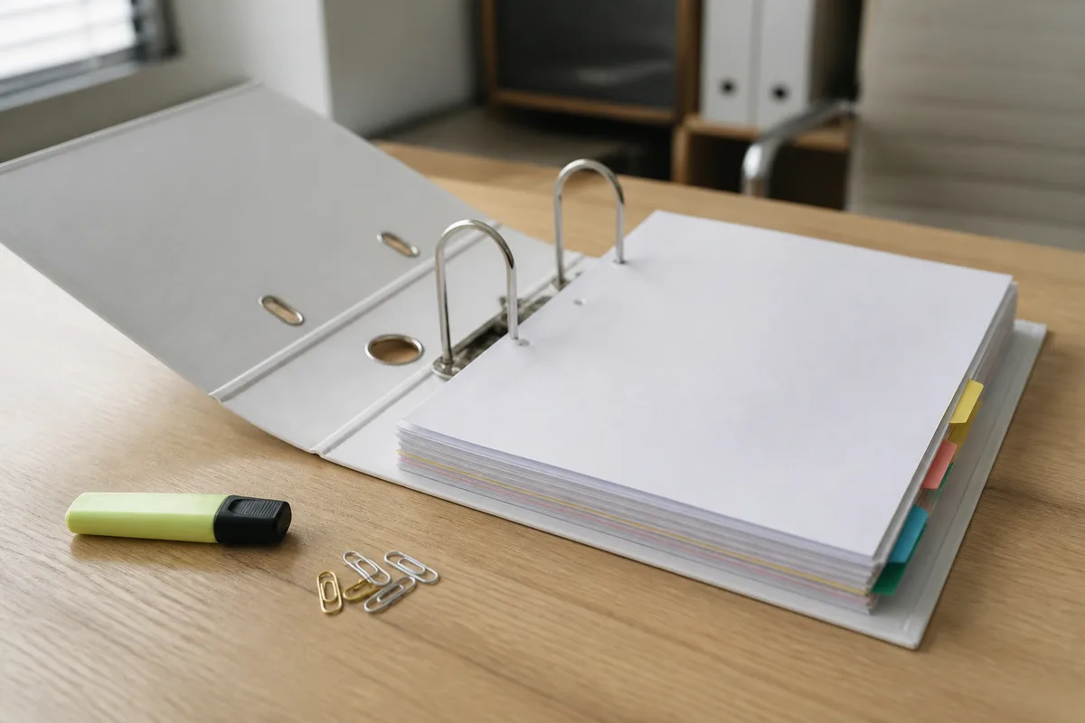Classeur ouvert et documents administratifs empilés sur une table de bureau en bois clair