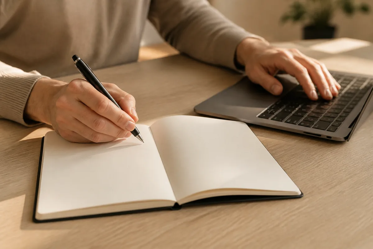 Mains posées sur un carnet et un clavier d&rsquo;ordinateur portable sur un plan de travail clair