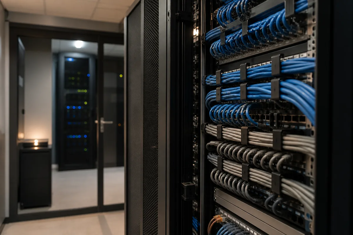 Salle technique avec baie informatique fermée et câbles réseau ordonnés sous une lumière douce