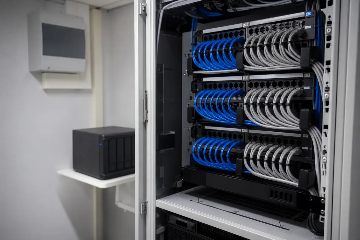 Salle technique d&rsquo;une petite entreprise avec baie informatique ouverte et câbles réseau ordonnés