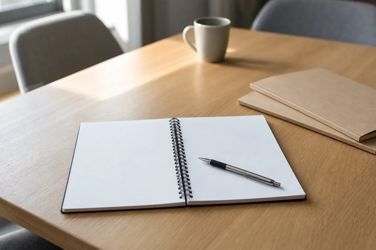 Carnet ouvert et stylo posés sur une table de réunion en bois clair, dossiers empilés à côté