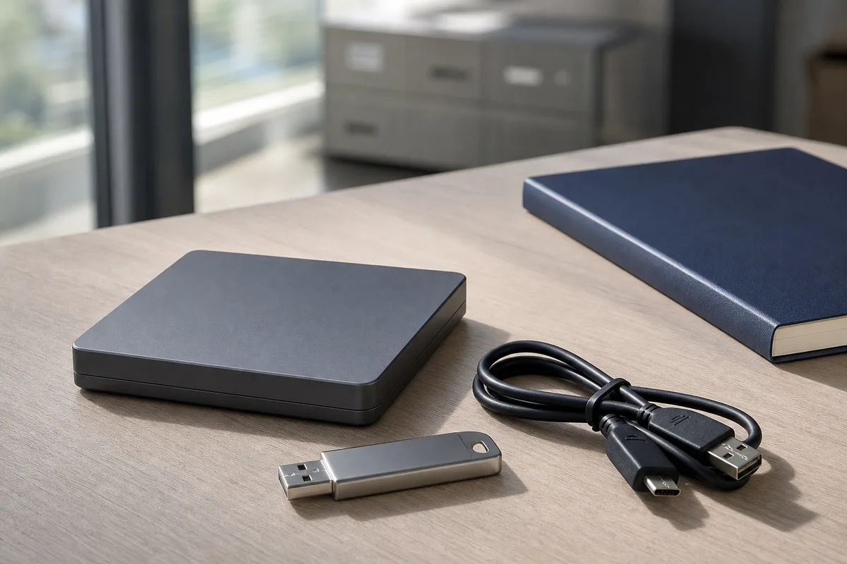 Disque dur externe et clé USB posés sur un plan de travail, à côté d&rsquo;un carnet fermé