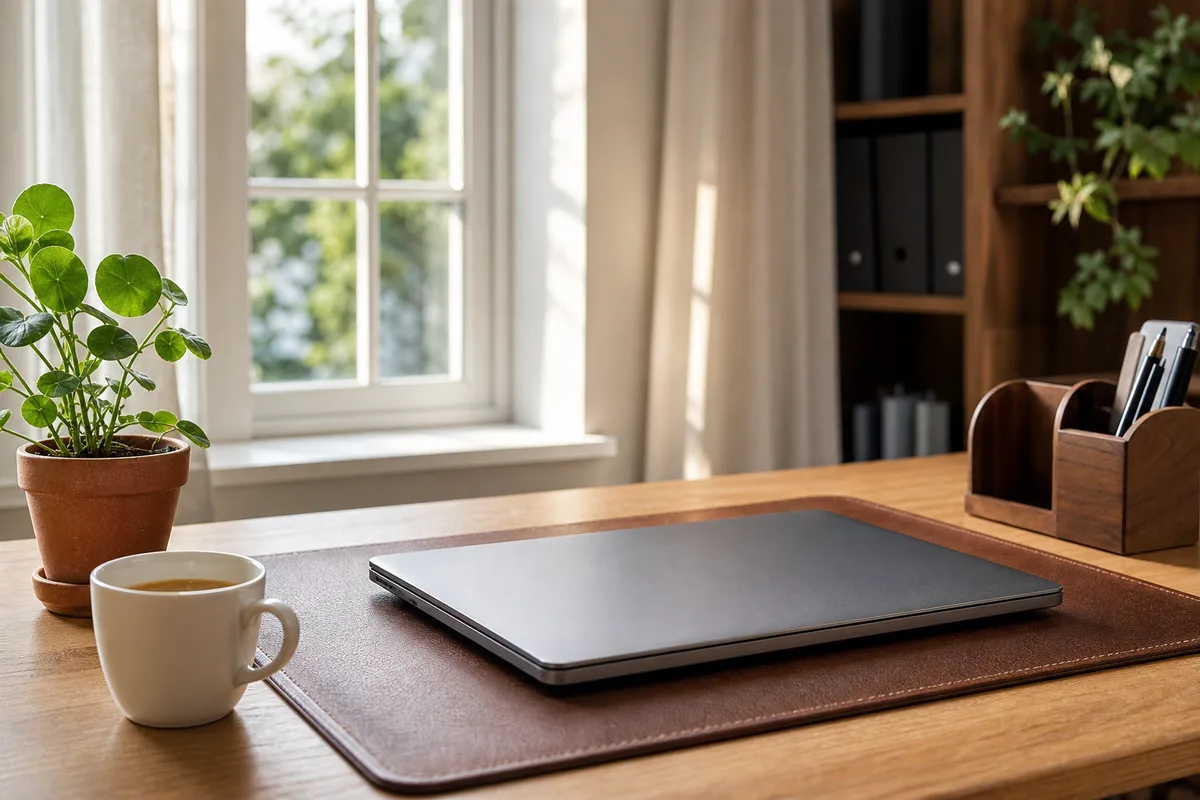 Bureau de travail avec ordinateur portable fermé, tasse de café et plante verte devant une fenêtre