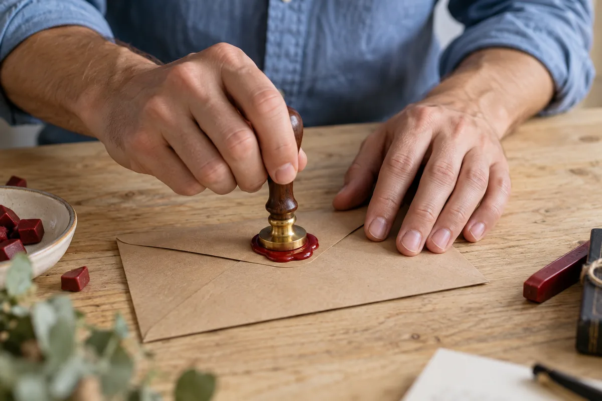 Mains d&rsquo;une personne en chemise bleue posant un cachet de cire rouge sur une enveloppe kraft