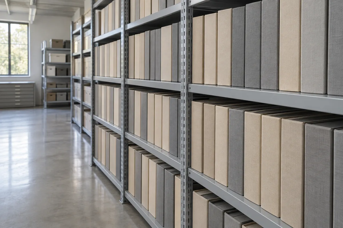 Classeurs d&rsquo;archives alignés sur des étagères métalliques dans une pièce calme