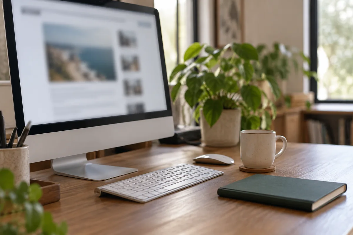 Clavier et écran d&rsquo;ordinateur dans un bureau de consultant avec une tasse et un carnet
