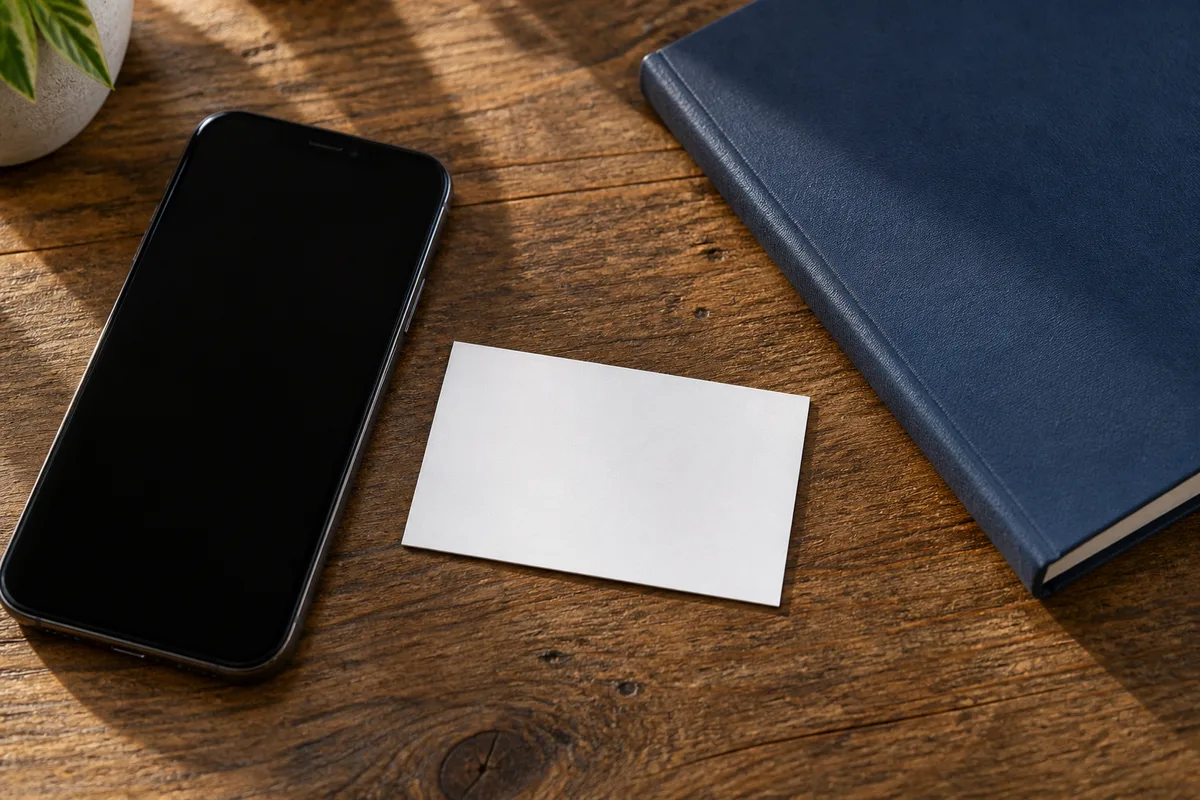 Carte de visite vierge et smartphone posés sur une table en bois à côté d&rsquo;un carnet